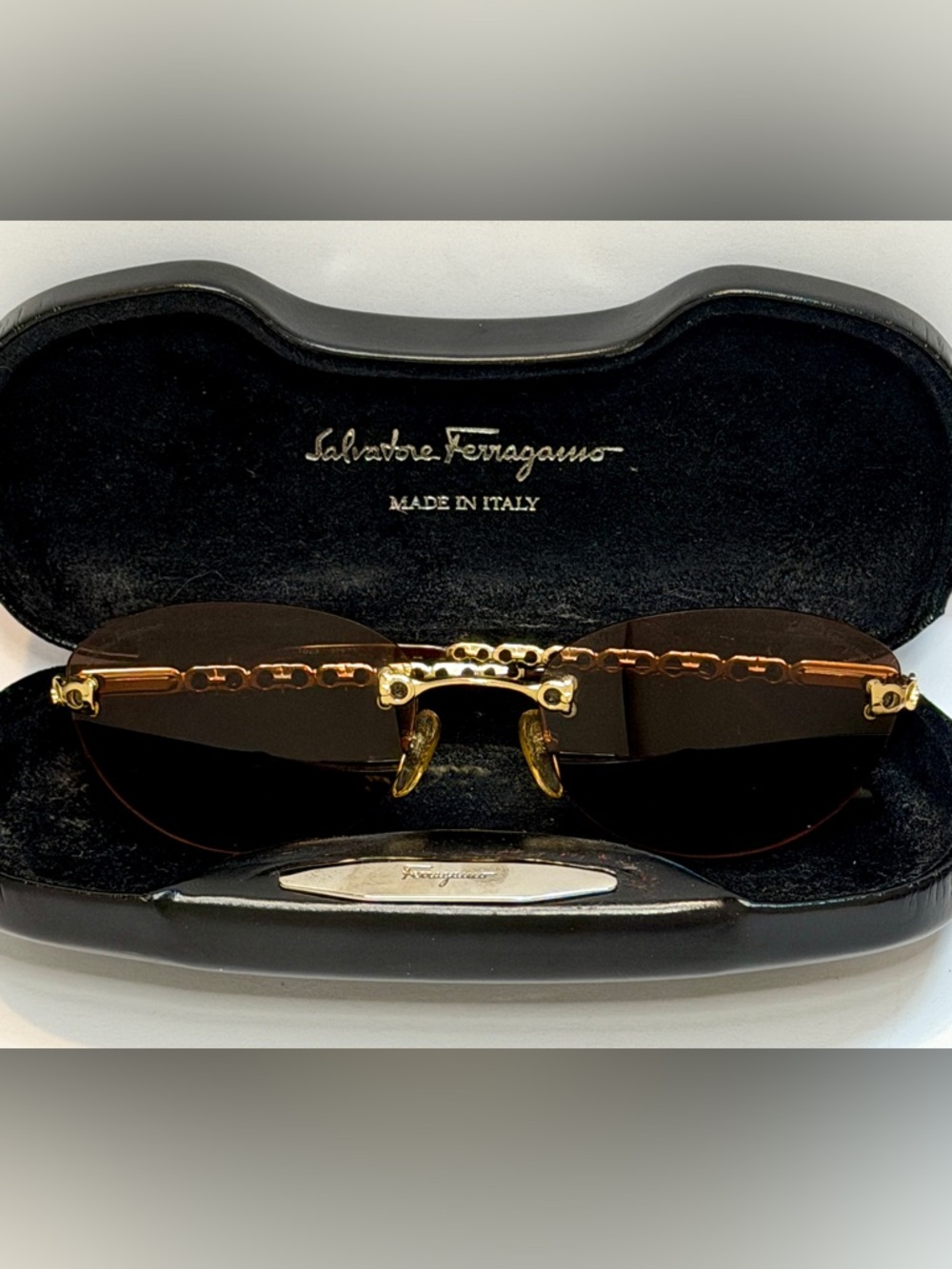Salvatore Ferragamo Rimless Gold Sunglasses Brown Lenses w/ Case Italy Luxury
